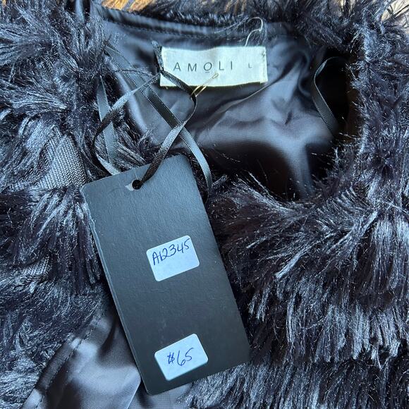 Amoli Faux Fur Coat Fuzzy Fringe Dressy Cardigan Jacket Bolero Black NEW Size L - Picture 5 of 9